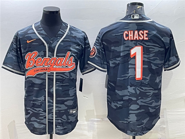 Men's Cincinnati Bengals #1 Ja'Marr Chase Gray Camo With Patch Cool Base Stitched Baseball Jersey